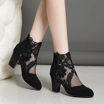 2023 New Fashion Women High Heels Lace Flower Ankle Strap Hollow Out Sandals Round Toe Zip Pumps Zapatos De Mujer - Slobuy