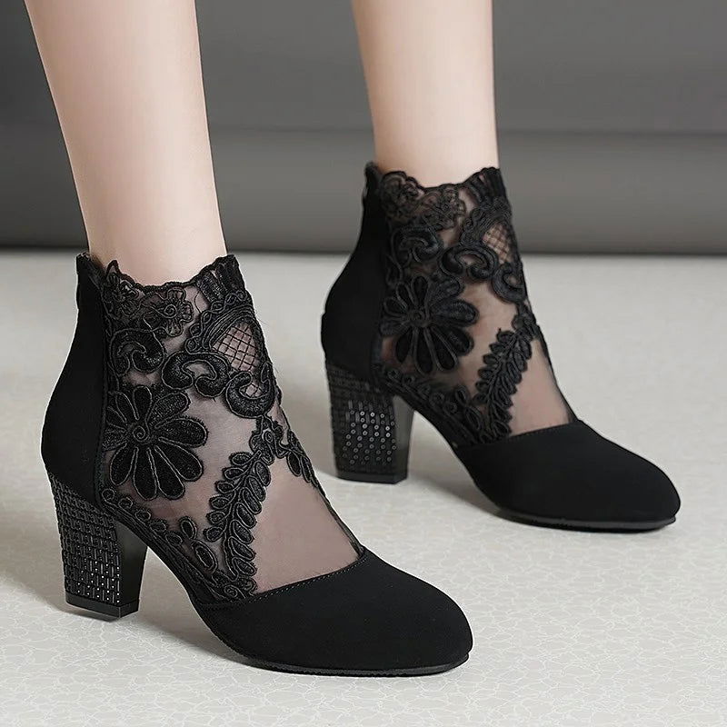 2023 New Fashion Women High Heels Lace Flower Ankle Strap Hollow Out Sandals Round Toe Zip Pumps Zapatos De Mujer - Slobuy