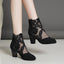 2023 New Fashion Women High Heels Lace Flower Ankle Strap Hollow Out Sandals Round Toe Zip Pumps Zapatos De Mujer - Slobuy