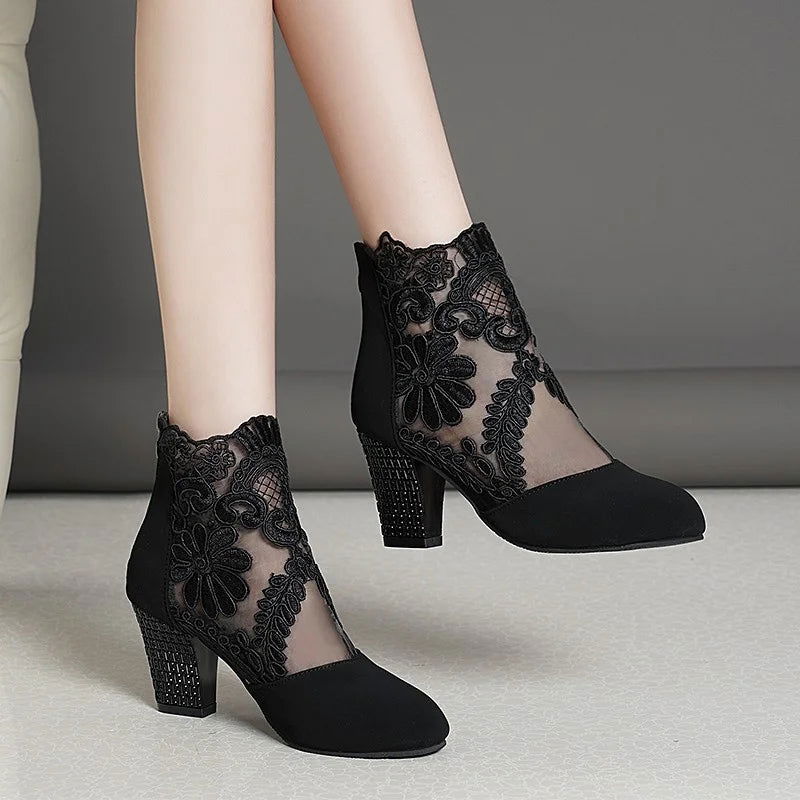 2023 New Fashion Women High Heels Lace Flower Ankle Strap Hollow Out Sandals Round Toe Zip Pumps Zapatos De Mujer - Slobuy
