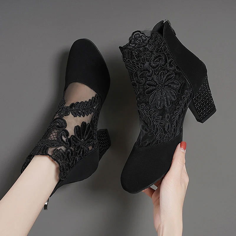 2023 New Fashion Women High Heels Lace Flower Ankle Strap Hollow Out Sandals Round Toe Zip Pumps Zapatos De Mujer - Slobuy