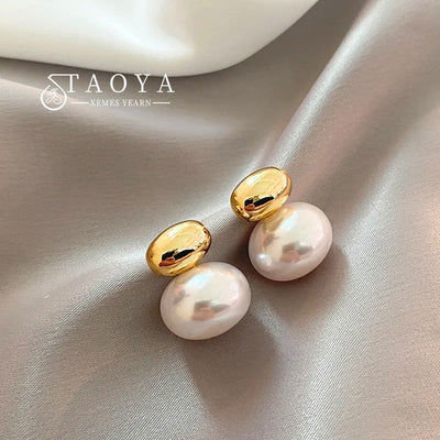 2023 New French Elegant Gold Color Bean Spliced Flat Pearl Earrings for Korean Fashion Jewelry Party Women's Sweet Accessories - Slobuy