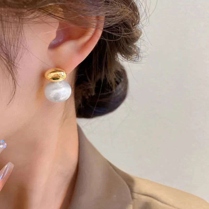 2023 New French Elegant Gold Color Bean Spliced Flat Pearl Earrings for Korean Fashion Jewelry Party Women's Sweet Accessories - Slobuy