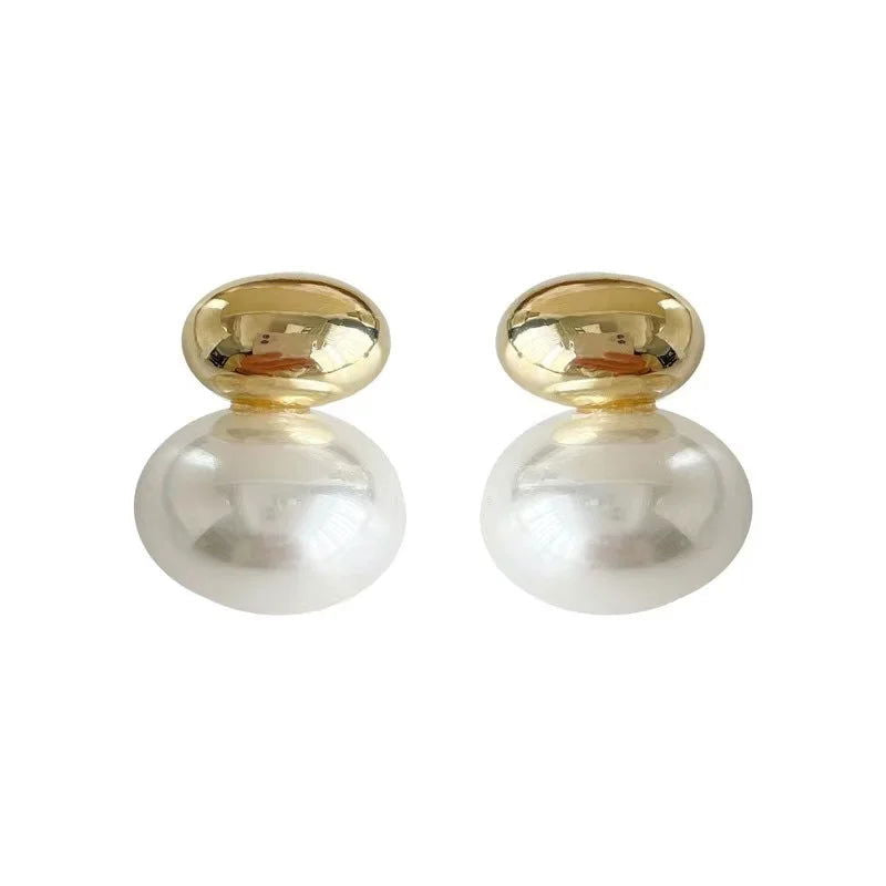 2023 New French Elegant Gold Color Bean Spliced Flat Pearl Earrings for Korean Fashion Jewelry Party Women's Sweet Accessories - Slobuy