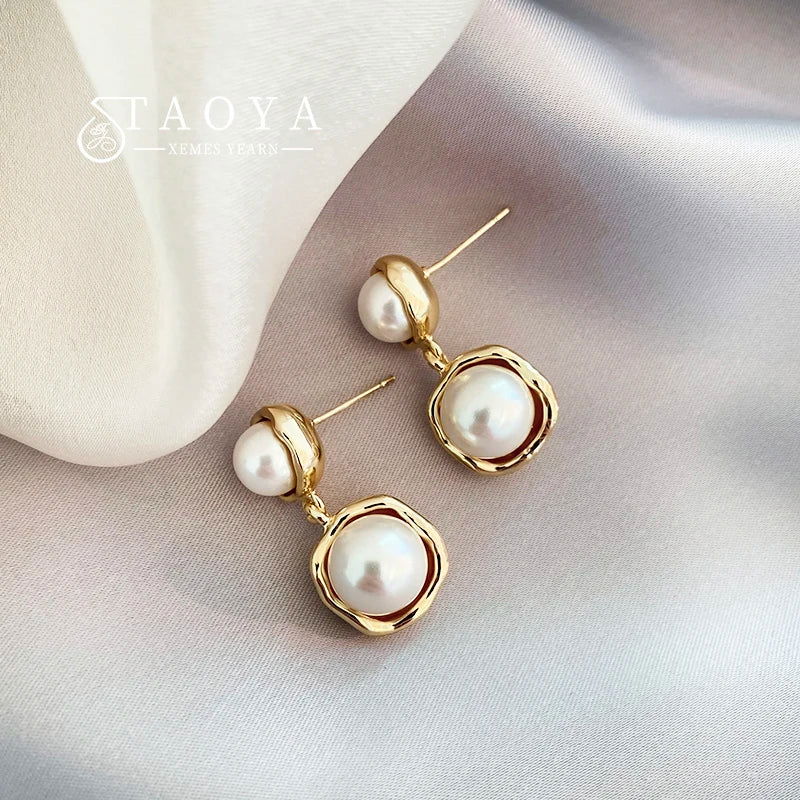 2023 New French Elegant Gold Color Bean Spliced Flat Pearl Earrings for Korean Fashion Jewelry Party Women's Sweet Accessories - Slobuy