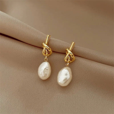 2023 New French Elegant Gold Color Bean Spliced Flat Pearl Earrings for Korean Fashion Jewelry Party Women's Sweet Accessories - Slobuy