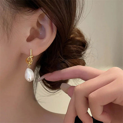 2023 New French Elegant Gold Color Bean Spliced Flat Pearl Earrings for Korean Fashion Jewelry Party Women's Sweet Accessories - Slobuy