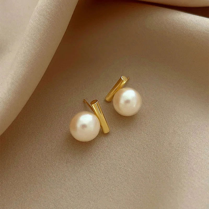 2023 New French Elegant Gold Color Bean Spliced Flat Pearl Earrings for Korean Fashion Jewelry Party Women's Sweet Accessories - Slobuy
