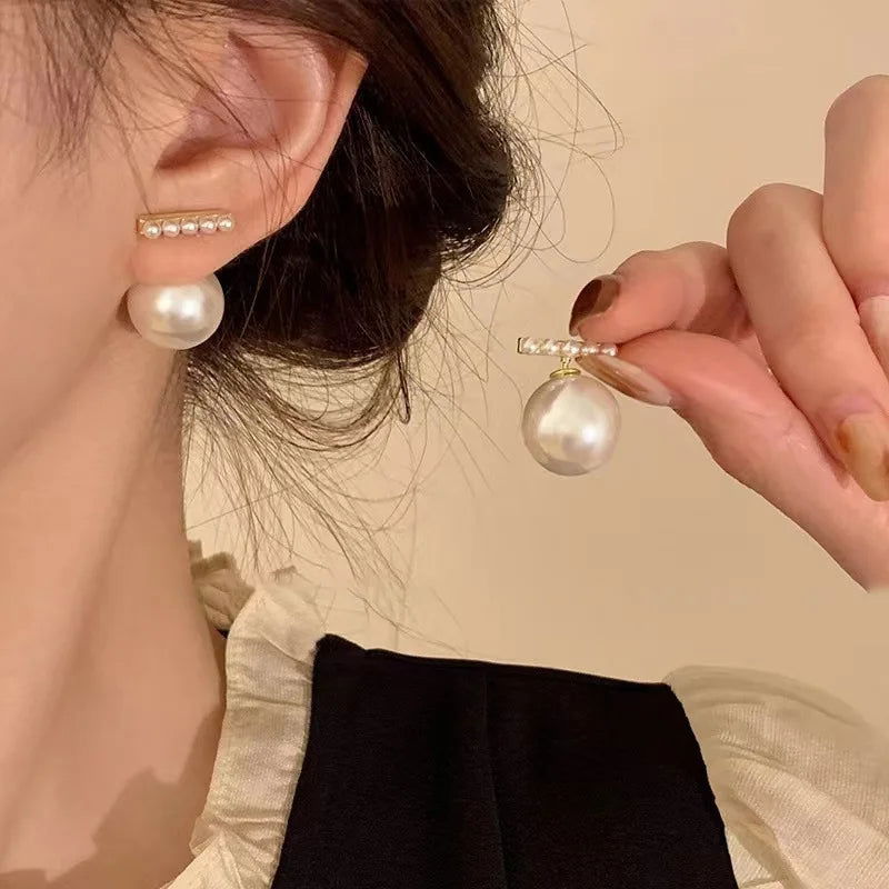 2023 New French Elegant Gold Color Bean Spliced Flat Pearl Earrings for Korean Fashion Jewelry Party Women's Sweet Accessories - Slobuy