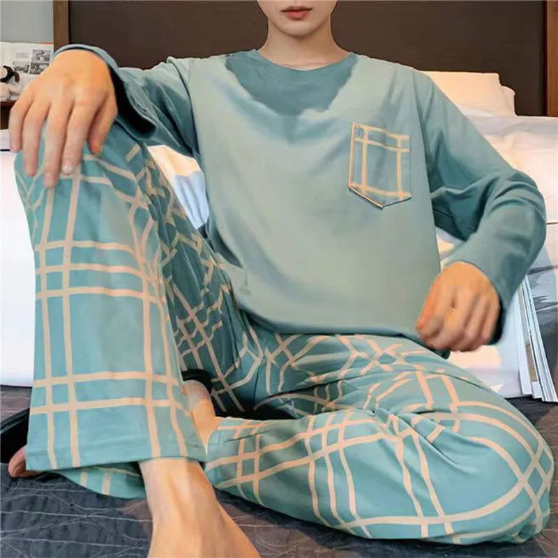 2023 New Pajamas Sets For Men'S Autumn Winter Long Sleeve Round Neck Tops And Pants Print Pyjamas Nightgown Sleepwear Homewear - Slobuy