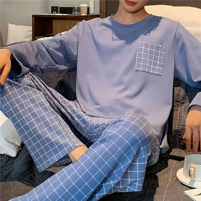 2023 New Pajamas Sets For Men'S Autumn Winter Long Sleeve Round Neck Tops And Pants Print Pyjamas Nightgown Sleepwear Homewear - Slobuy