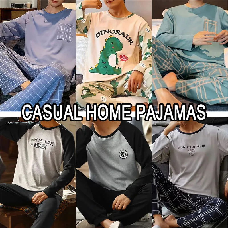 2023 New Pajamas Sets For Men'S Autumn Winter Long Sleeve Round Neck Tops And Pants Print Pyjamas Nightgown Sleepwear Homewear - Slobuy