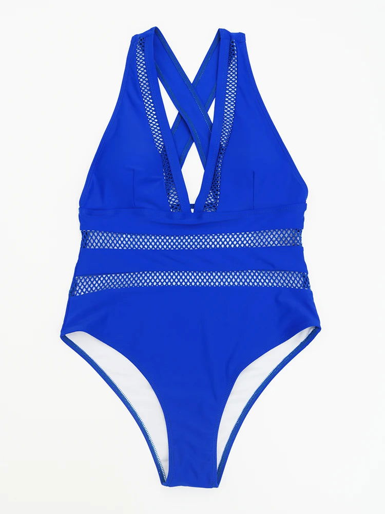 2023 New Sexy Mesh Patchwork Swimwear Women One Piece Swimsuit Female Deep V-neck Bathing Suit Beach Wear Push Up Monokini Swim - Slobuy