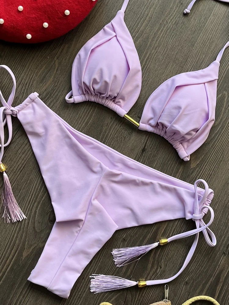 2023 New Sexy Triangle Bathing Suit for Women Brazilian Bikinis Halter Swimwear Push Up Swimsuit Metal Chain Beach Bikini Set - Slobuy