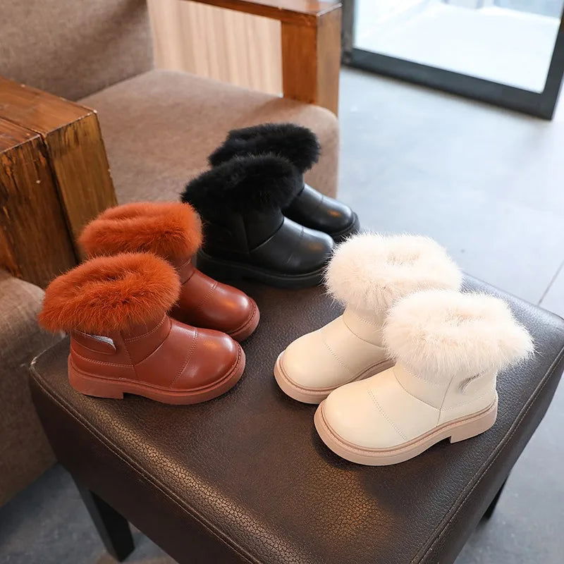 2023 New Solid Color Britain Style Girls Casual Boots Plush Winter Soft Baby Boys Short Boots Kids Shoes Children Drop Shipping - Slobuy