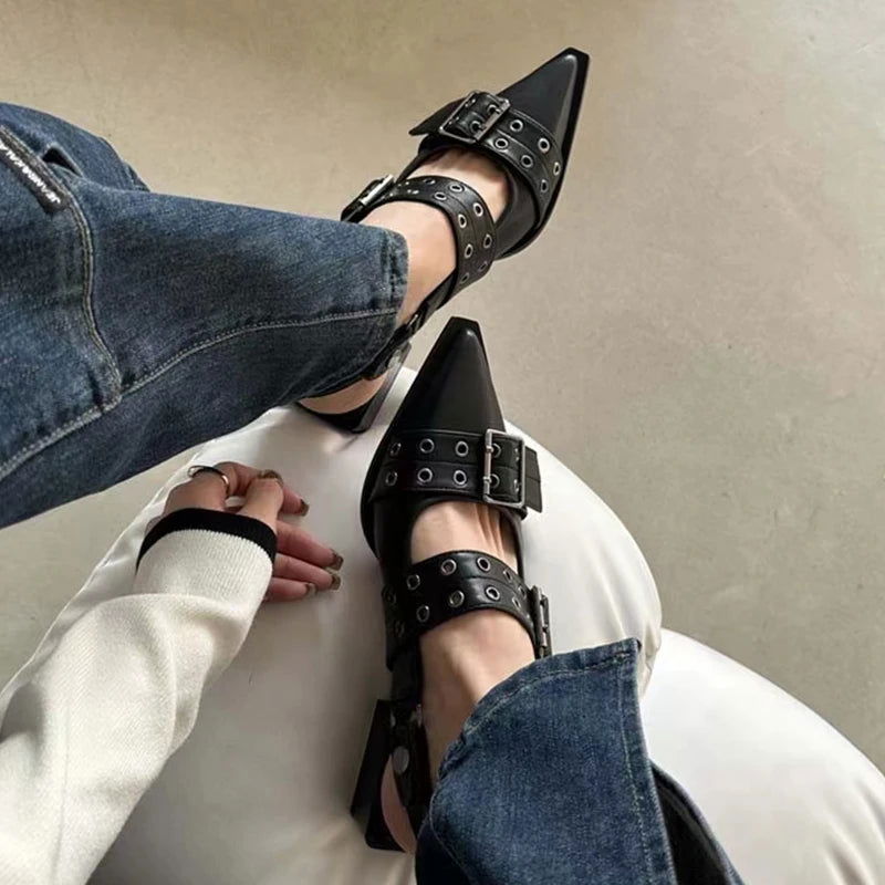 2023 New Women Chunky Sandals Summer Shoes Fashion Mid Heels Pointed Toe Party Shoes Brand Casual Shoes Mujer Slippers Zapatos - Slobuy