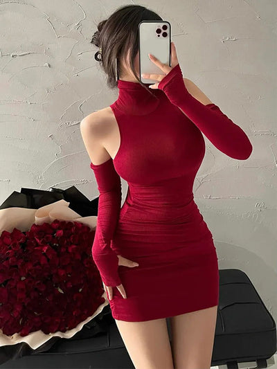 2023 New Women's Mini Dress Sleeveless Pleated Skinny Dress High Neck Lace Up Autumn Black Tight Elastic Party Tank Dresses - Slobuy