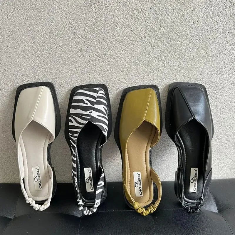 2023 Summer Elegant Ladies Sandals Fashion Ladies Elastic Band Flat Heel Women Shallow Party Shoes Square Heel 35-40 Square Toe - Slobuy