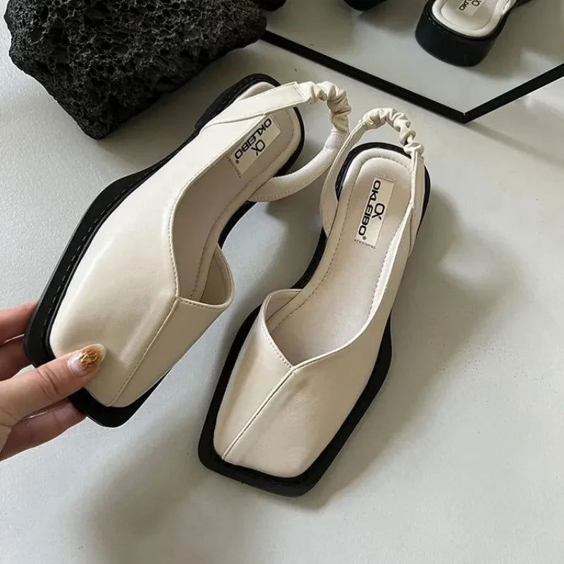 2023 Summer Elegant Ladies Sandals Fashion Ladies Elastic Band Flat Heel Women Shallow Party Shoes Square Heel 35-40 Square Toe - Slobuy