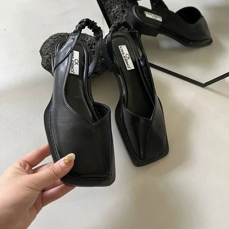 2023 Summer Elegant Ladies Sandals Fashion Ladies Elastic Band Flat Heel Women Shallow Party Shoes Square Heel 35-40 Square Toe - Slobuy