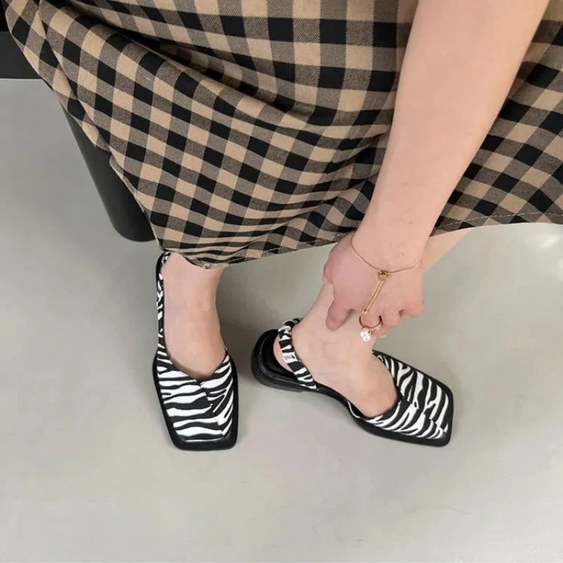 2023 Summer Elegant Ladies Sandals Fashion Ladies Elastic Band Flat Heel Women Shallow Party Shoes Square Heel 35-40 Square Toe - Slobuy