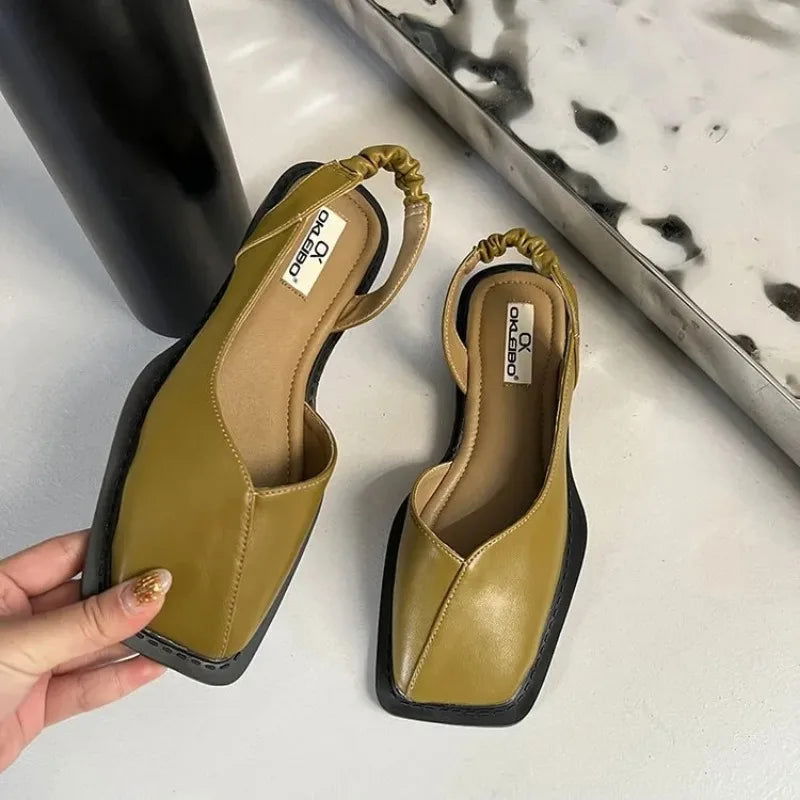 2023 Summer Elegant Ladies Sandals Fashion Ladies Elastic Band Flat Heel Women Shallow Party Shoes Square Heel 35-40 Square Toe - Slobuy