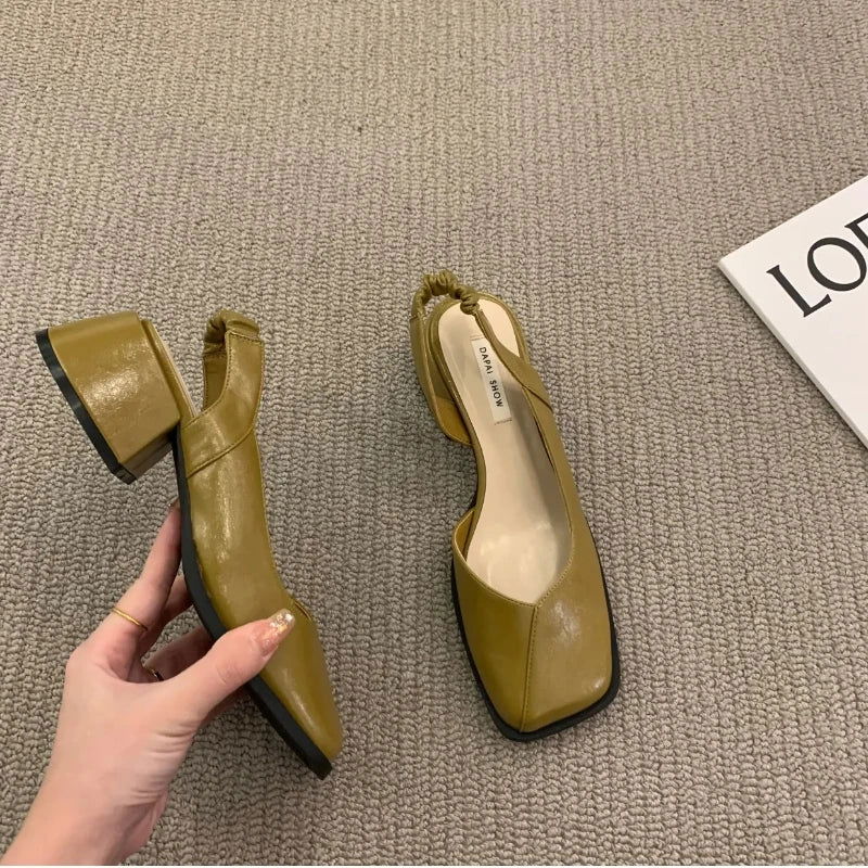 2023 Summer Elegant Ladies Sandals Fashion Ladies Elastic Band Flat Heel Women Shallow Party Shoes Square Heel 35-40 Square Toe - Slobuy