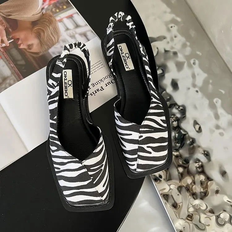 2023 Summer Elegant Ladies Sandals Fashion Ladies Elastic Band Flat Heel Women Shallow Party Shoes Square Heel 35-40 Square Toe - Slobuy