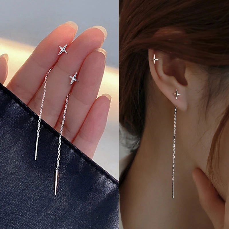 2023 Trendy Long Wire Tassel Thread Chain Climb Star Heart Beads Pendants Drop Earrings Women's Rhinestone  Accessories Jewelry - Slobuy