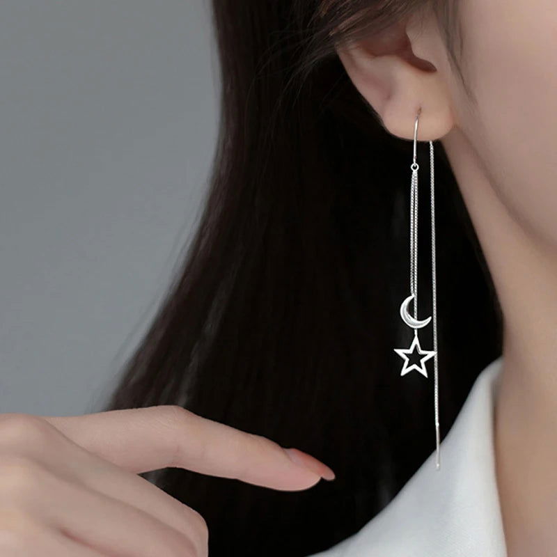 2023 Trendy Long Wire Tassel Thread Chain Climb Star Heart Beads Pendants Drop Earrings Women's Rhinestone  Accessories Jewelry - Slobuy