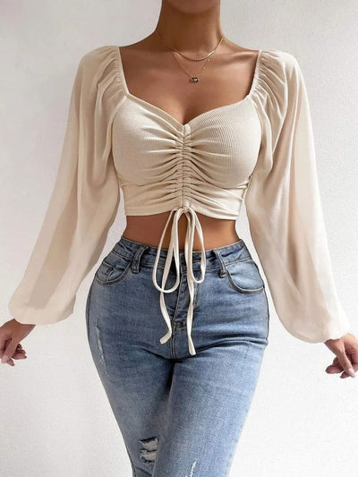 2023 Woman’s Tops Puff Sleeve Sexy Close-Fitting Summer and Spring Lace up V-neck Fashion Solid Color Simple Long Sleeve Hot - Slobuy