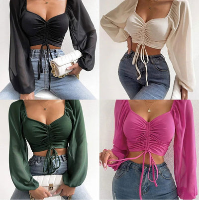 2023 Woman’s Tops Puff Sleeve Sexy Close-Fitting Summer and Spring Lace up V-neck Fashion Solid Color Simple Long Sleeve Hot - Slobuy