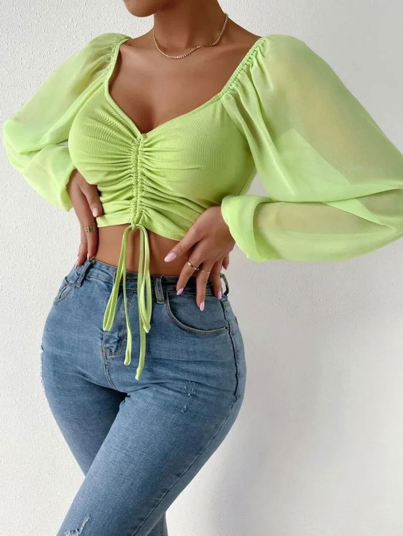 2023 Woman’s Tops Puff Sleeve Sexy Close-Fitting Summer and Spring Lace up V-neck Fashion Solid Color Simple Long Sleeve Hot - Slobuy