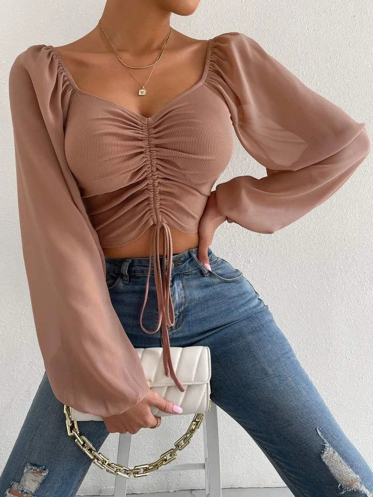 2023 Woman’s Tops Puff Sleeve Sexy Close-Fitting Summer and Spring Lace up V-neck Fashion Solid Color Simple Long Sleeve Hot - Slobuy