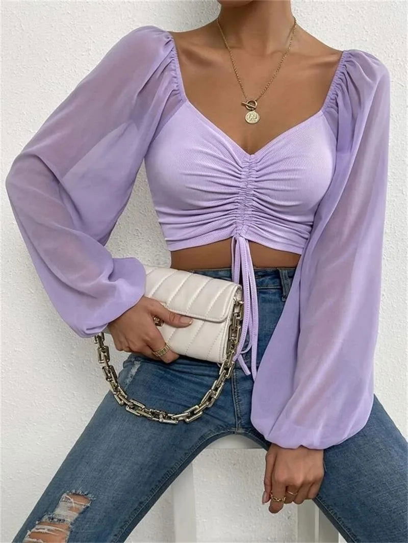 2023 Woman’s Tops Puff Sleeve Sexy Close-Fitting Summer and Spring Lace up V-neck Fashion Solid Color Simple Long Sleeve Hot - Slobuy