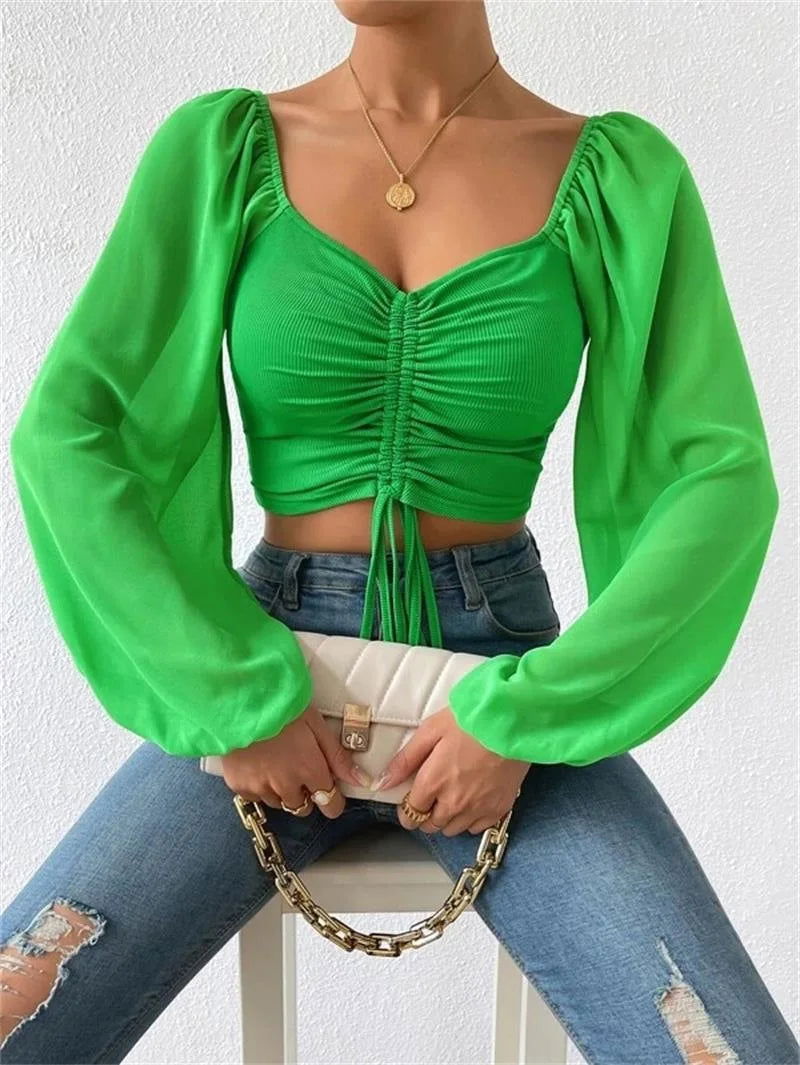 2023 Woman’s Tops Puff Sleeve Sexy Close-Fitting Summer and Spring Lace up V-neck Fashion Solid Color Simple Long Sleeve Hot - Slobuy