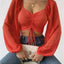 2023 Woman’s Tops Puff Sleeve Sexy Close-Fitting Summer and Spring Lace up V-neck Fashion Solid Color Simple Long Sleeve Hot - Slobuy