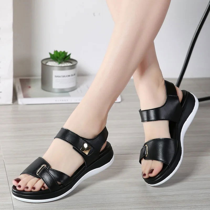 2023 Women Female Ladies Mother Genuine Leather Shoes Sandals Flats Soft Hook Loop Korean Bling Summer Beach Size 35-40 - Slobuy
