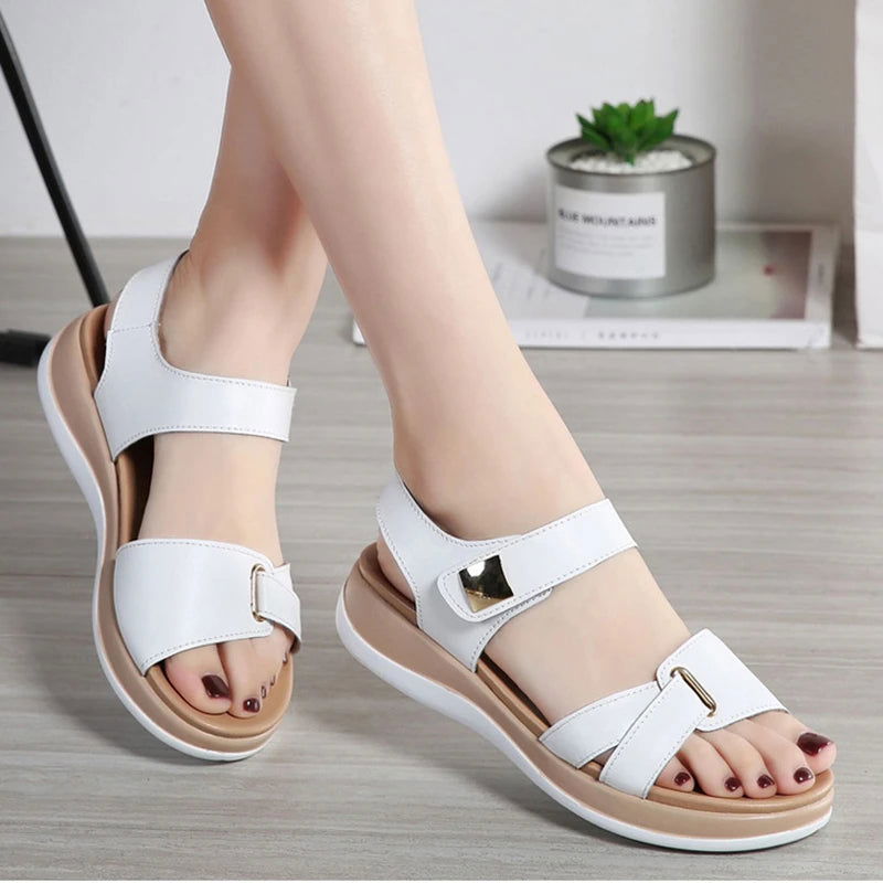 2023 Women Female Ladies Mother Genuine Leather Shoes Sandals Flats Soft Hook Loop Korean Bling Summer Beach Size 35-40 - Slobuy