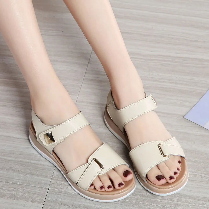 2023 Women Female Ladies Mother Genuine Leather Shoes Sandals Flats Soft Hook Loop Korean Bling Summer Beach Size 35-40 - Slobuy