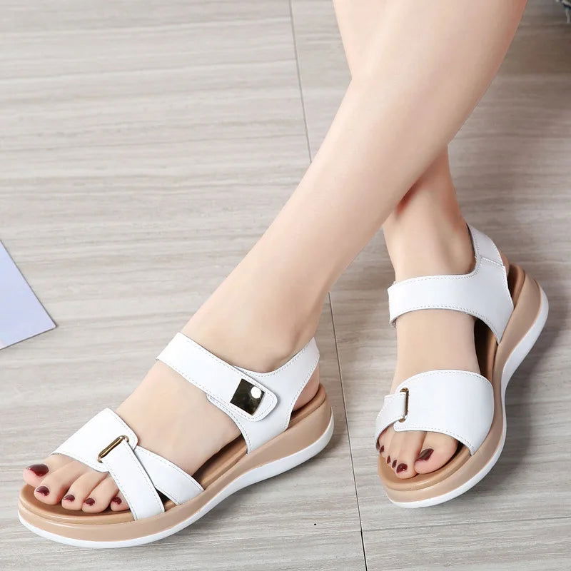 2023 Women Female Ladies Mother Genuine Leather Shoes Sandals Flats Soft Hook Loop Korean Bling Summer Beach Size 35-40 - Slobuy