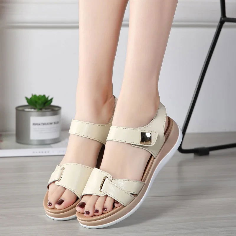 2023 Women Female Ladies Mother Genuine Leather Shoes Sandals Flats Soft Hook Loop Korean Bling Summer Beach Size 35-40 - Slobuy