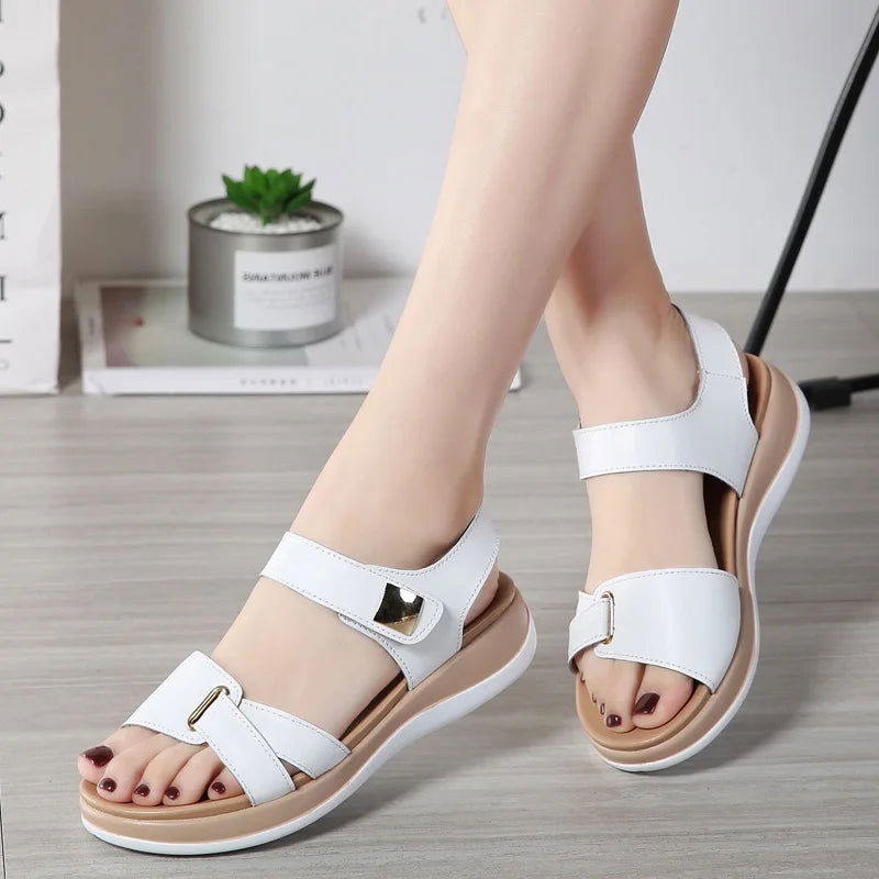 2023 Women Female Ladies Mother Genuine Leather Shoes Sandals Flats Soft Hook Loop Korean Bling Summer Beach Size 35-40 - Slobuy