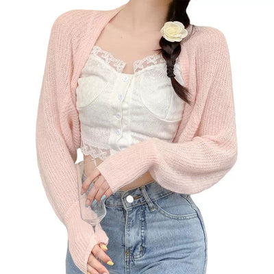 2023 Women's Open Front Bolero Shrug Long Sleeve Solid Color Sun Protection Knit Cropped Cardigan - Slobuy