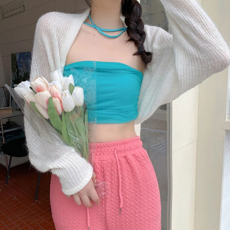 2023 Women's Open Front Bolero Shrug Long Sleeve Solid Color Sun Protection Knit Cropped Cardigan - Slobuy