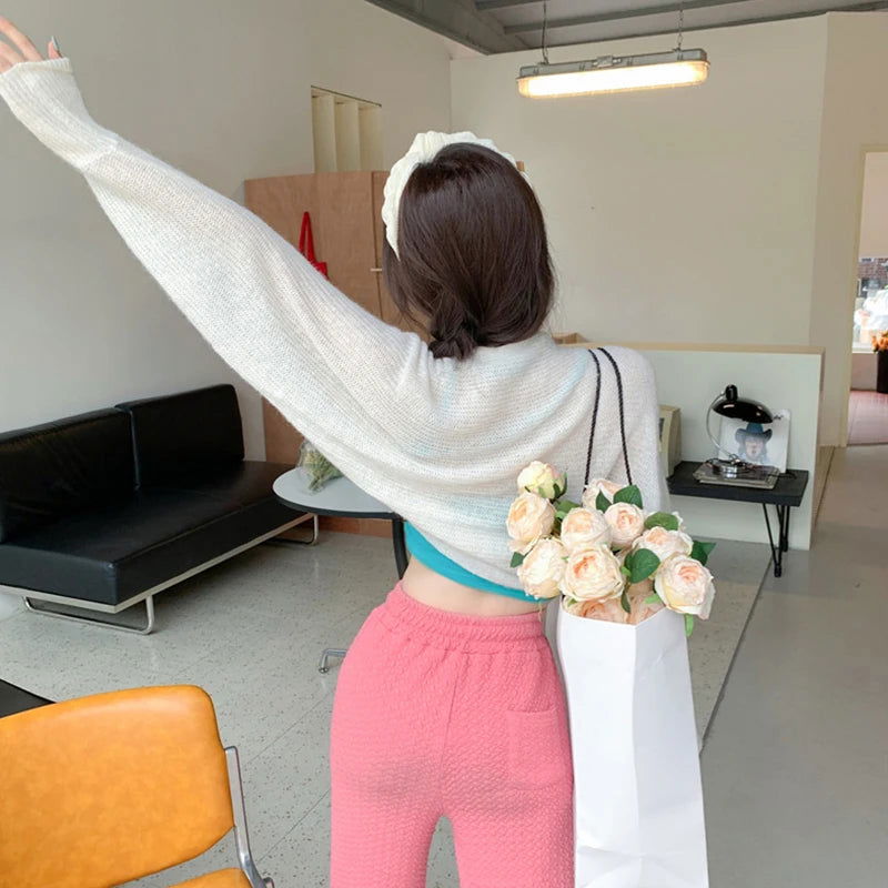 2023 Women's Open Front Bolero Shrug Long Sleeve Solid Color Sun Protection Knit Cropped Cardigan - Slobuy