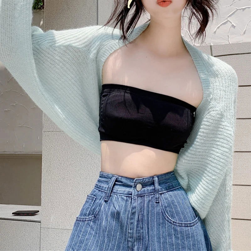 2023 Women's Open Front Bolero Shrug Long Sleeve Solid Color Sun Protection Knit Cropped Cardigan - Slobuy