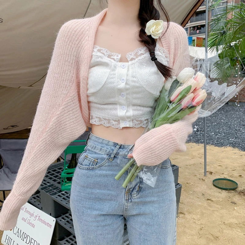 2023 Women's Open Front Bolero Shrug Long Sleeve Solid Color Sun Protection Knit Cropped Cardigan - Slobuy