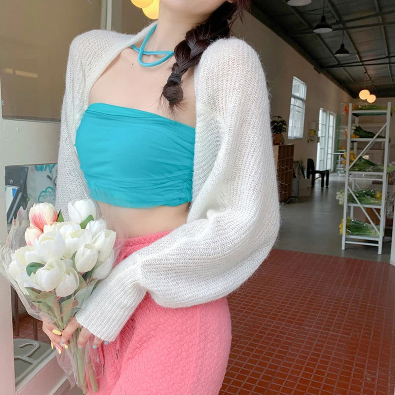 2023 Women's Open Front Bolero Shrug Long Sleeve Solid Color Sun Protection Knit Cropped Cardigan - Slobuy