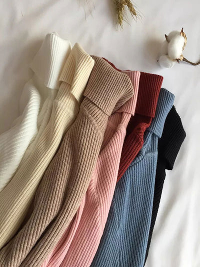 2024 Autumn Winter Thick Sweater Women Knitted Ribbed Pullover Sweater Long Sleeve Turtleneck Slim Jumper Soft Warm Pull Femme - Slobuy